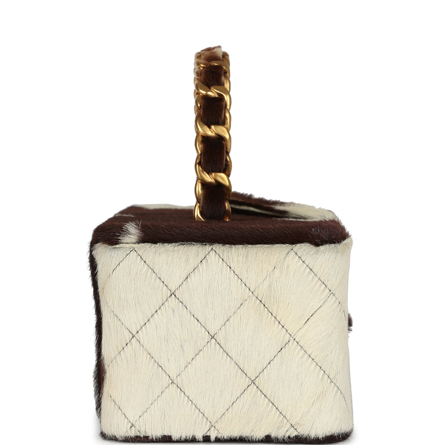 Vintage Rectangular Vanity Box Brown and White Cow Print Pony Hair Antique Gold Hardware