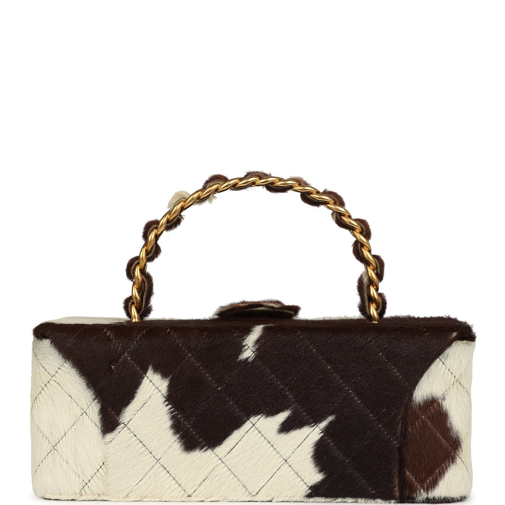 Vintage Rectangular Vanity Box Brown and White Cow Print Pony Hair Antique Gold Hardware