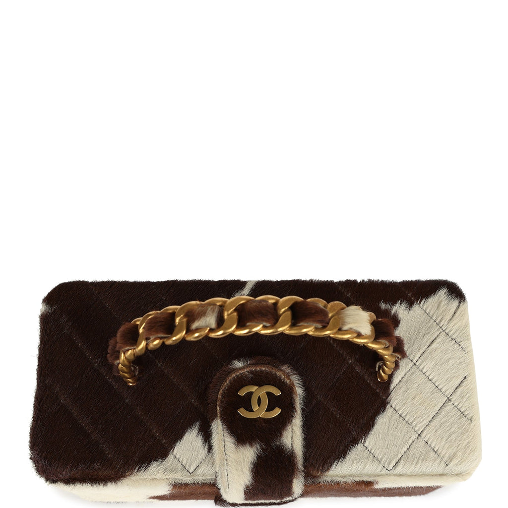 Vintage Rectangular Vanity Box Brown and White Cow Print Pony Hair Antique Gold Hardware