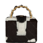 Vintage Square Vanity Box Brown and White Cow Print Pony Hair Antique Gold Hardware