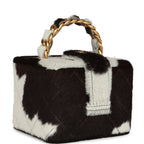 Vintage Square Vanity Box Brown and White Cow Print Pony Hair Antique Gold Hardware