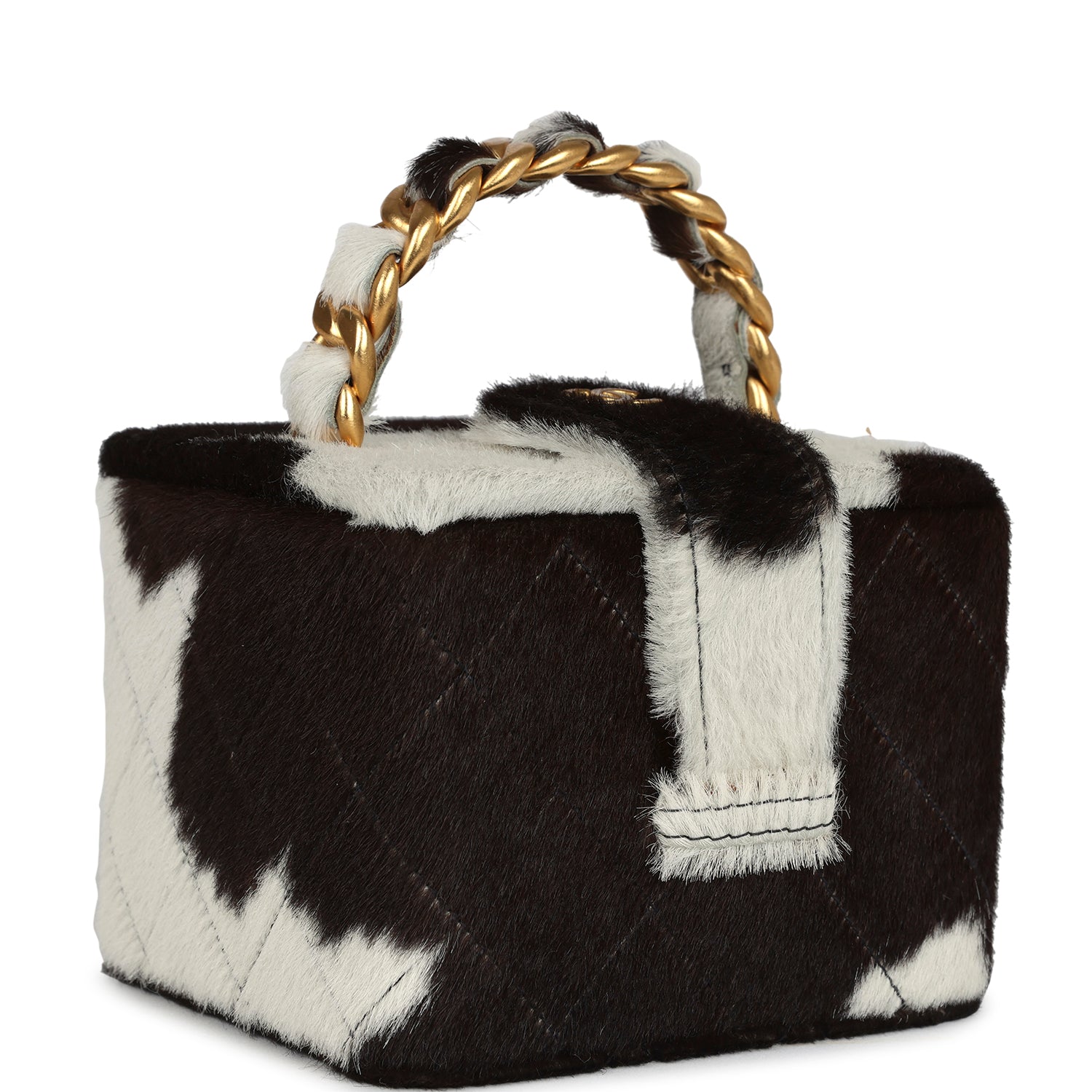 Vintage Square Vanity Box Brown and White Cow Print Pony Hair Antique Gold Hardware