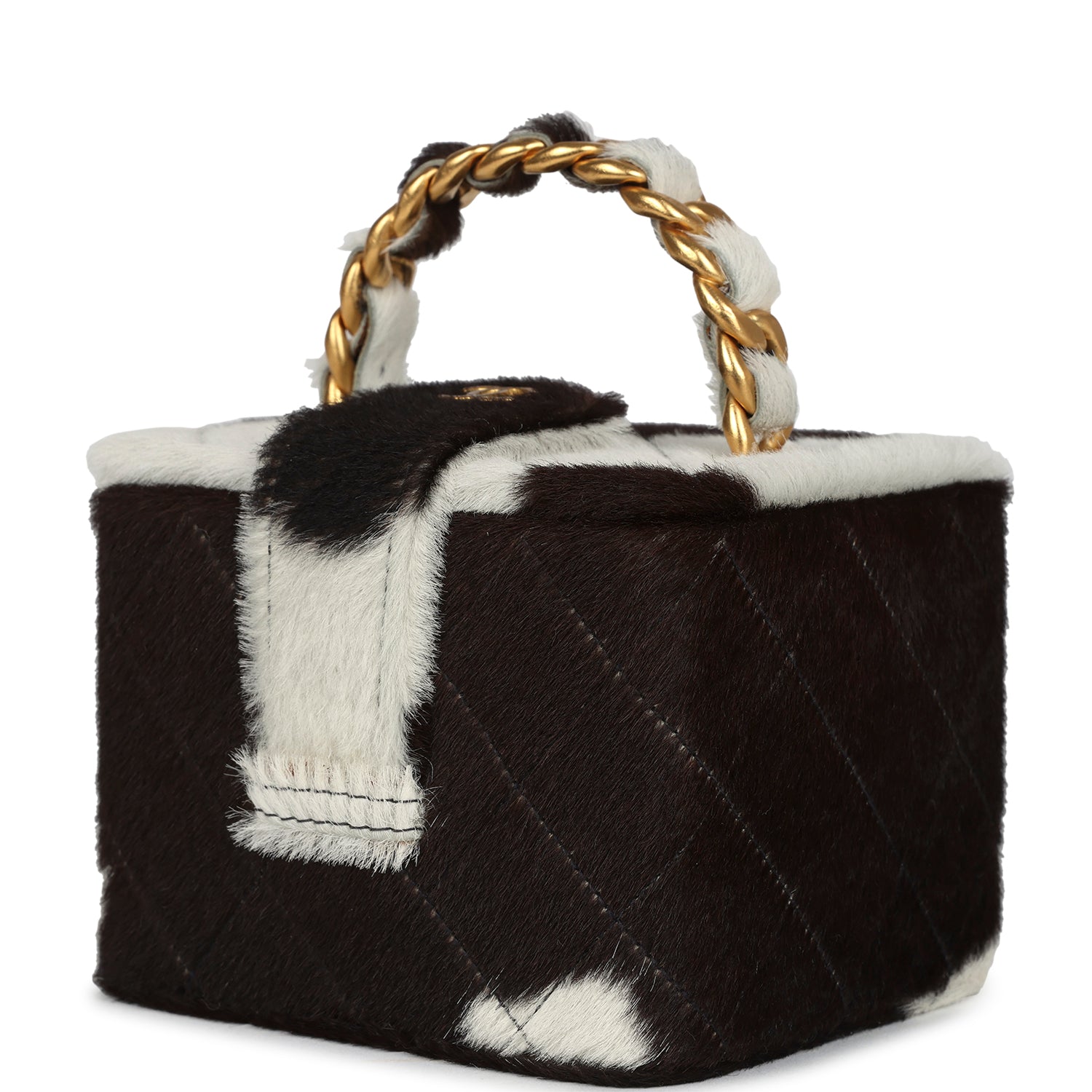 Vintage Square Vanity Box Brown and White Cow Print Pony Hair Antique Gold Hardware