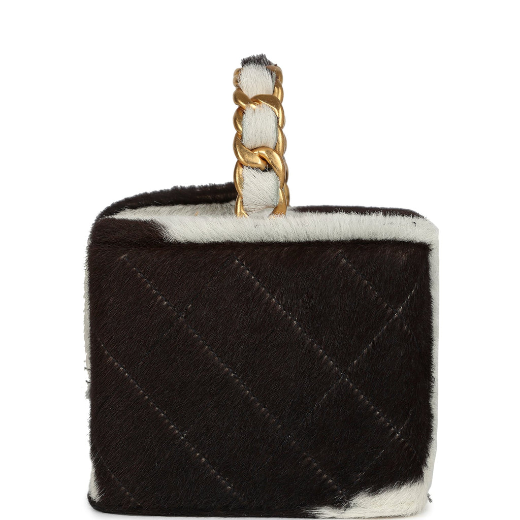 Vintage Square Vanity Box Brown and White Cow Print Pony Hair Antique Gold Hardware