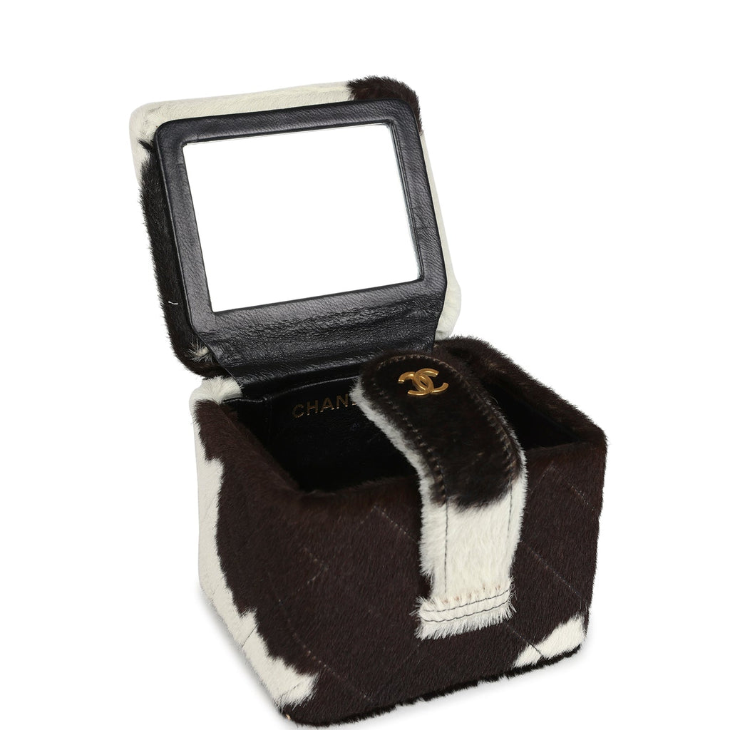Vintage Square Vanity Box Brown and White Cow Print Pony Hair Antique Gold Hardware