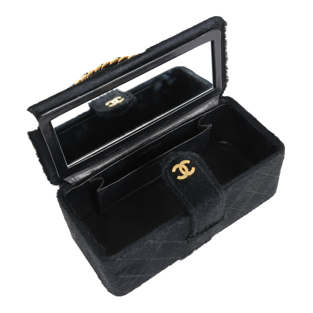 Vintage Rectangular Vanity Box Black Pony Hair Antique Gold Hardware