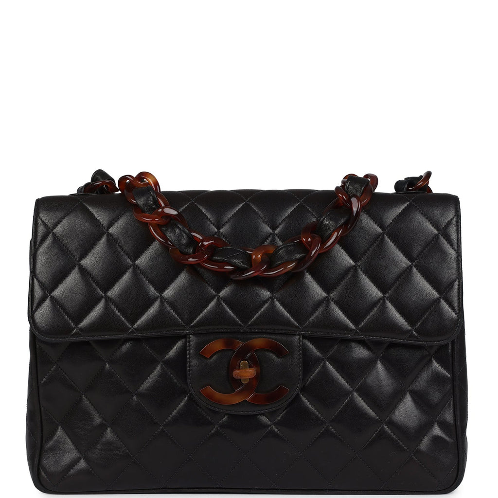 Vintage Jumbo Classic Single Flap Bag Black Lambskin Tortoiseshell Bakelite Hardware