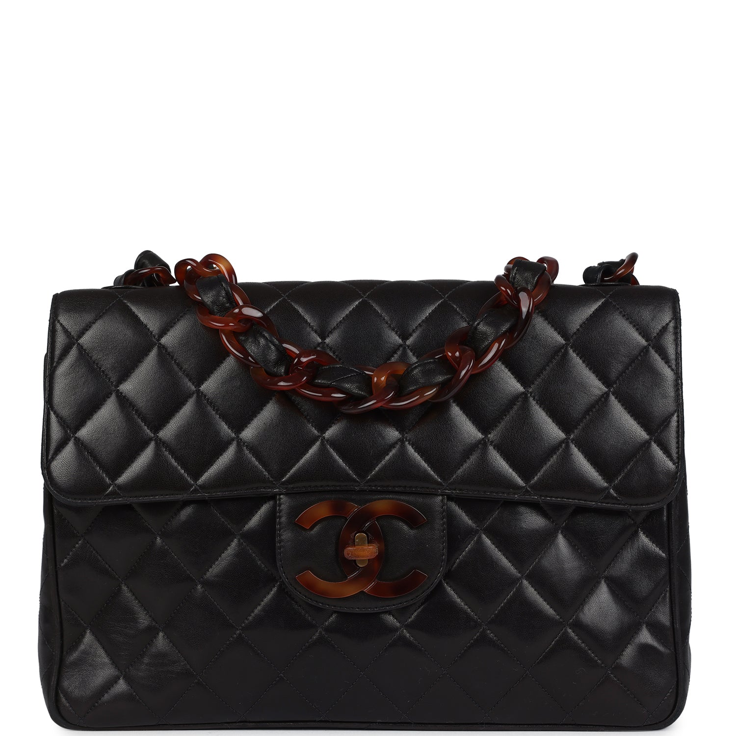 Vintage Jumbo Classic Single Flap Bag Black Lambskin Tortoiseshell Bakelite Hardware