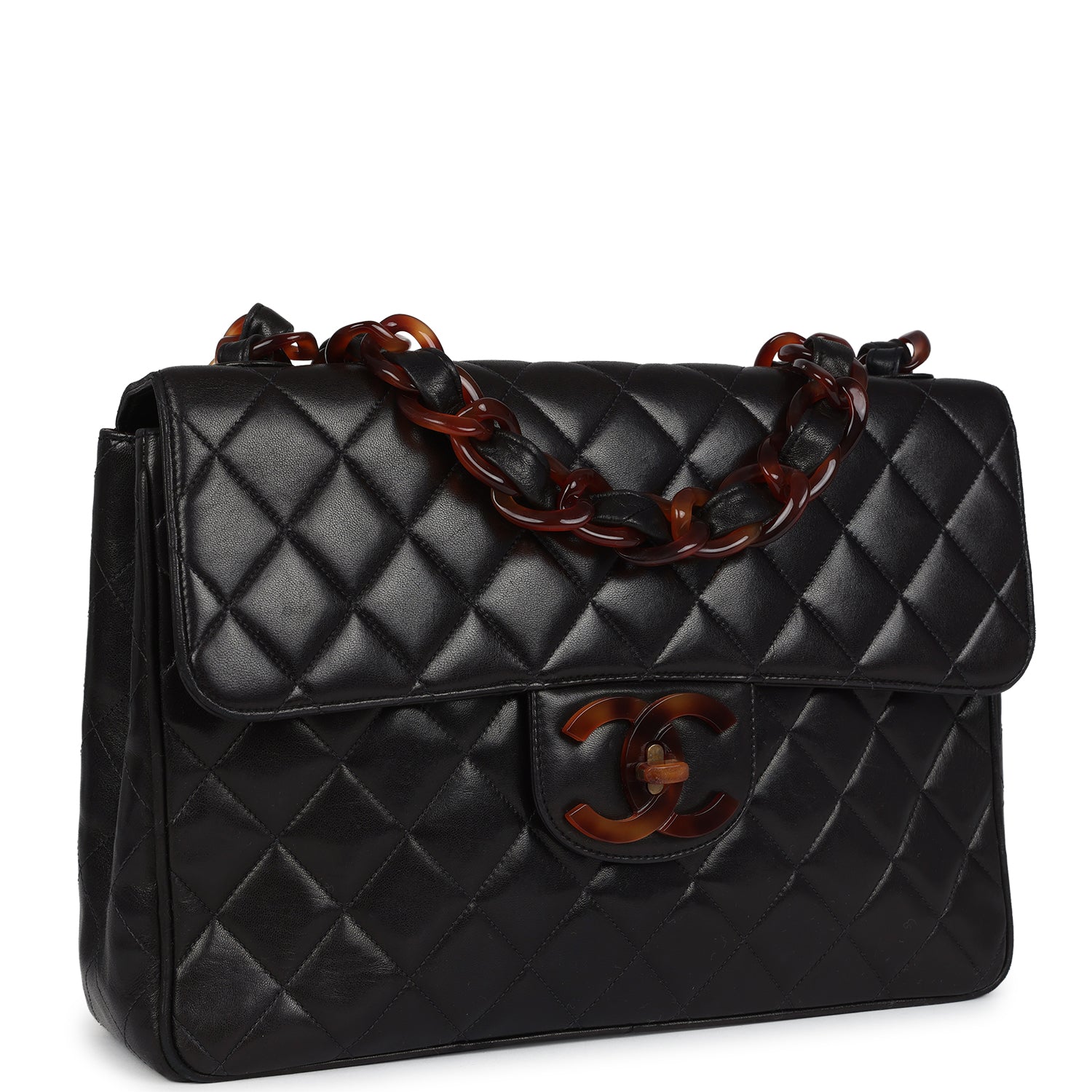 Vintage Jumbo Classic Single Flap Bag Black Lambskin Tortoiseshell Bakelite Hardware