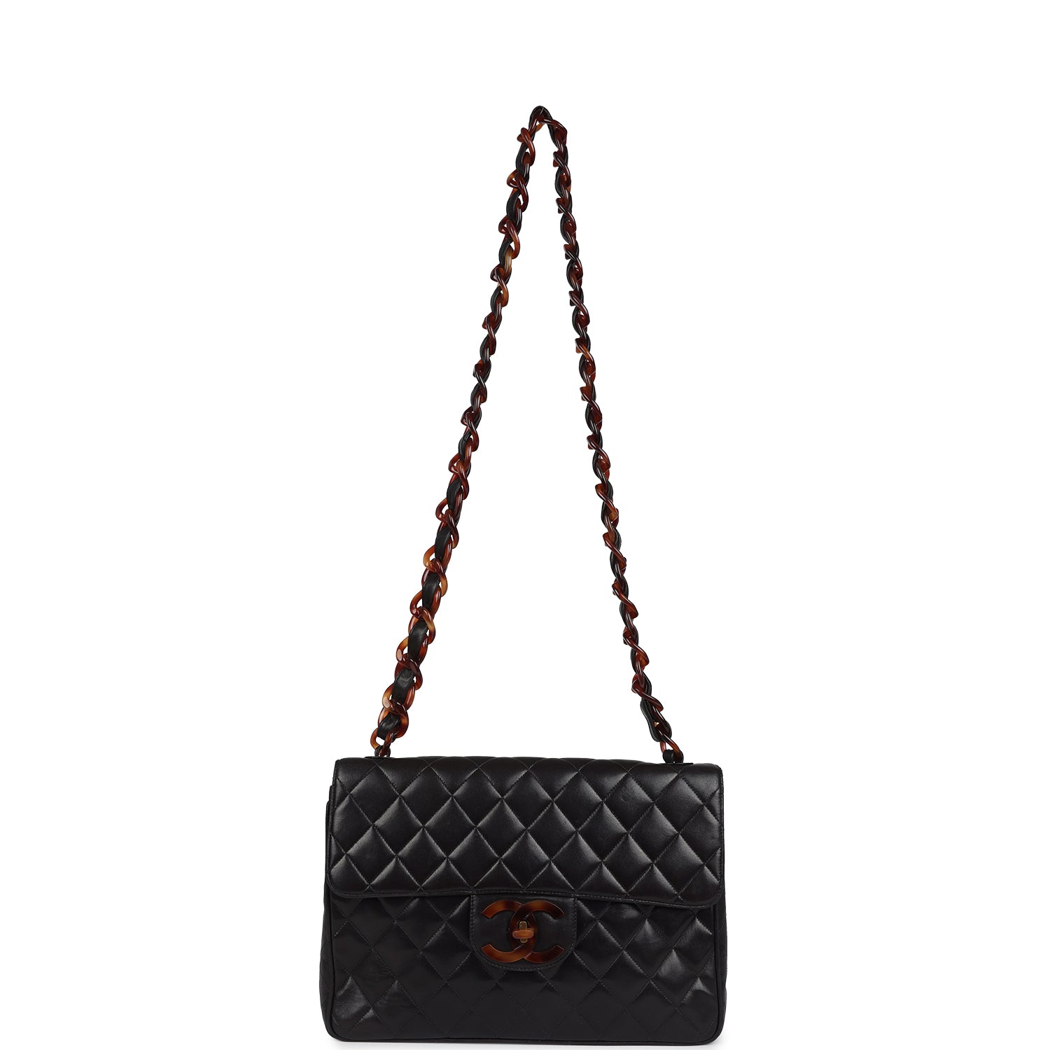 Vintage Jumbo Classic Single Flap Bag Black Lambskin Tortoiseshell Bakelite Hardware