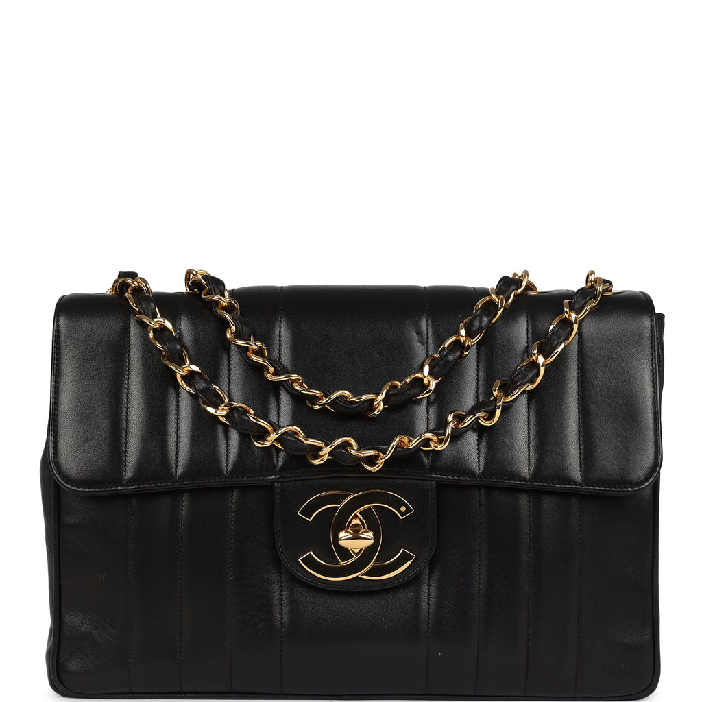 Vintage Jumbo Classic Mademoiselle Vertical Flap Black Lambskin Gold Hardware