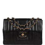 Vintage Jumbo Classic Mademoiselle Vertical Flap Black Lambskin Gold Hardware