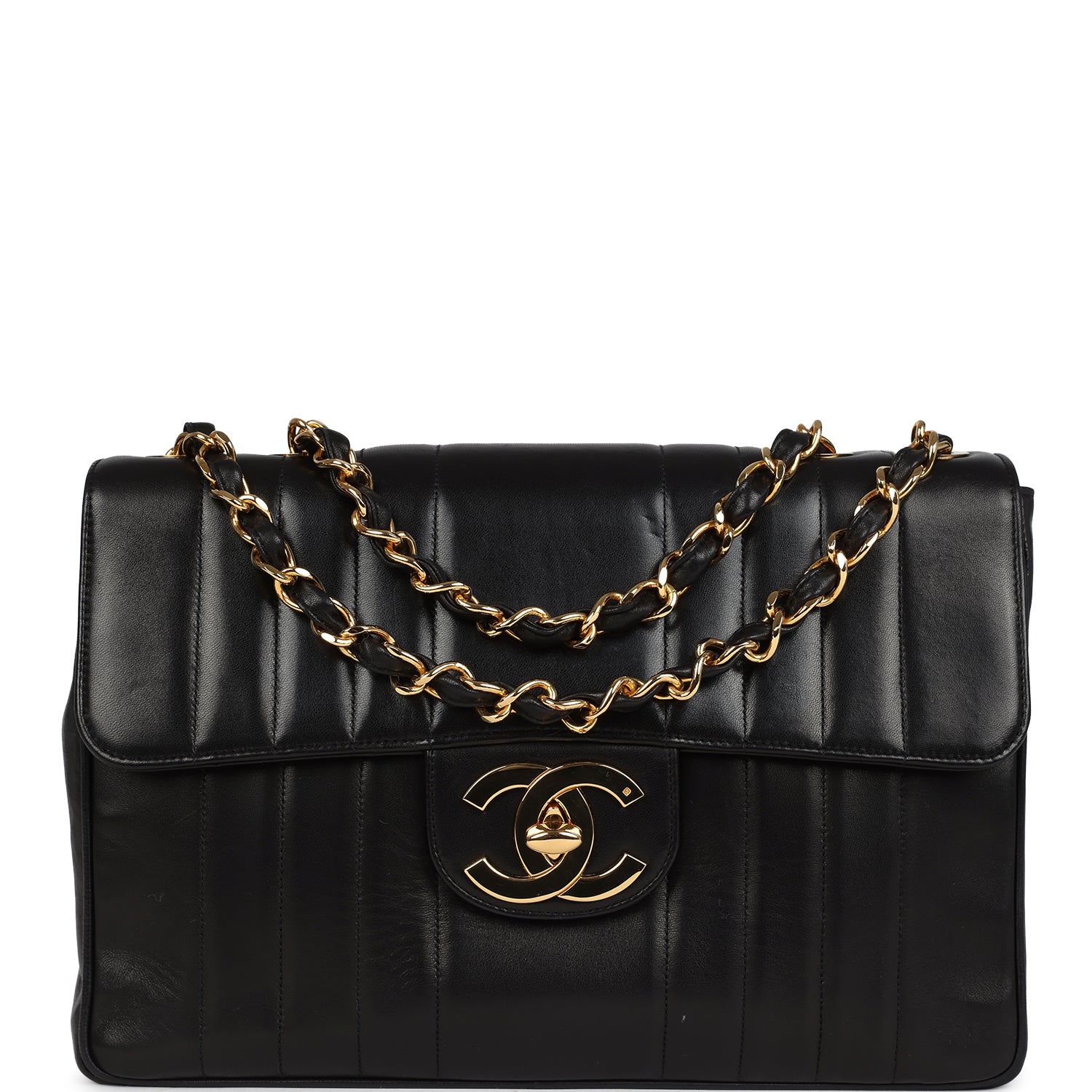 Vintage Jumbo Classic Mademoiselle Vertical Flap Black Lambskin Gold Hardware