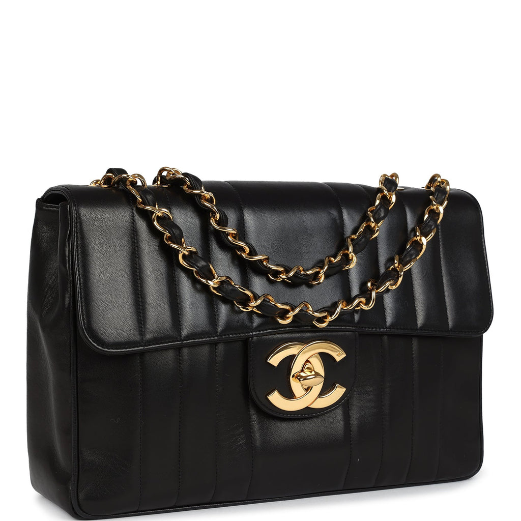 Vintage Jumbo Classic Mademoiselle Vertical Flap Black Lambskin Gold Hardware