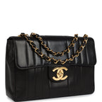 Vintage Jumbo Classic Mademoiselle Vertical Flap Black Lambskin Gold Hardware