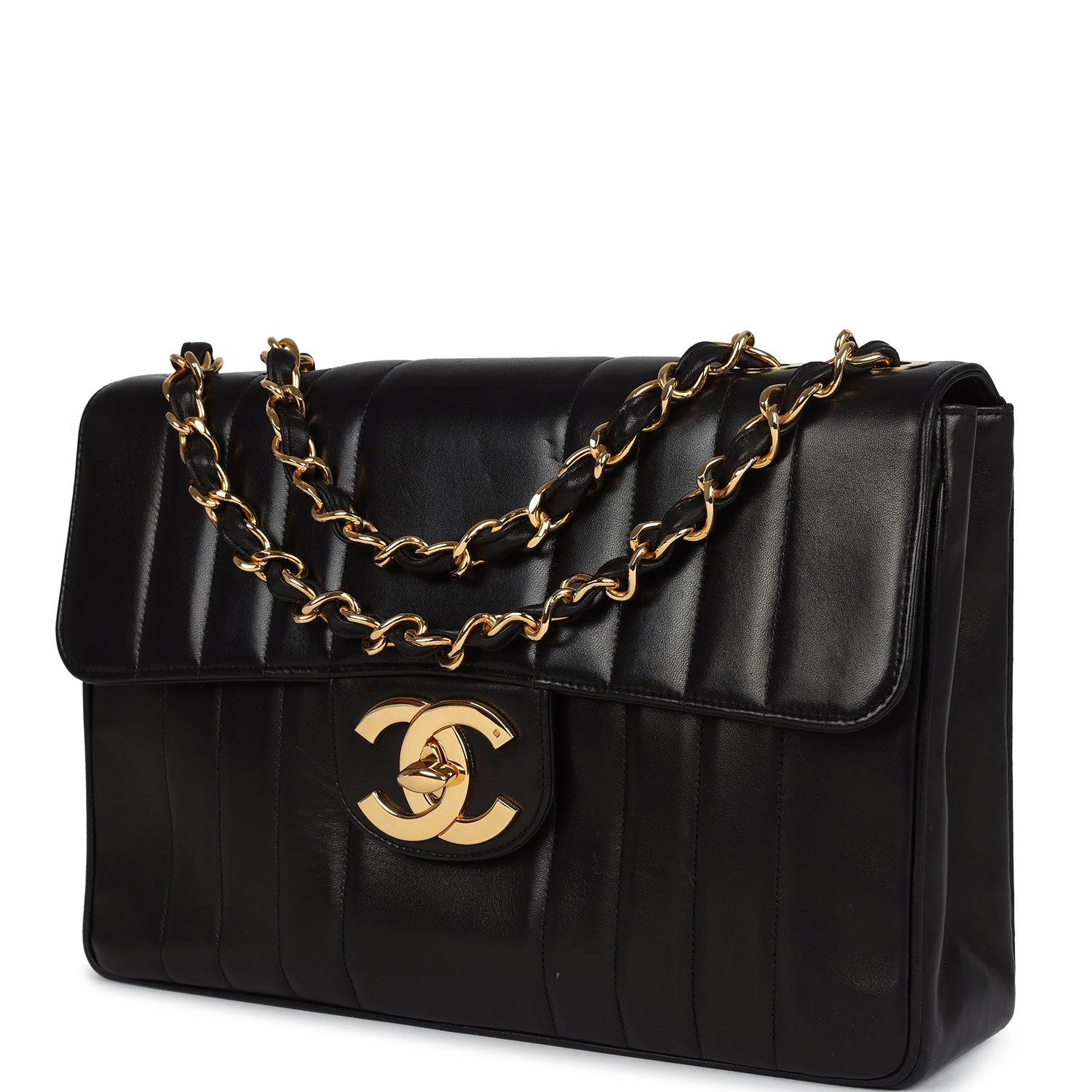 Vintage Jumbo Classic Mademoiselle Vertical Flap Black Lambskin Gold Hardware