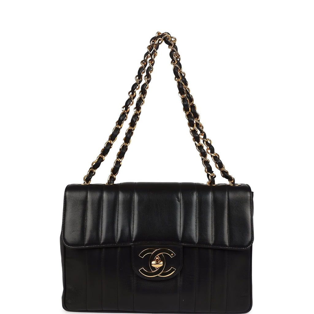 Vintage Jumbo Classic Mademoiselle Vertical Flap Black Lambskin Gold Hardware