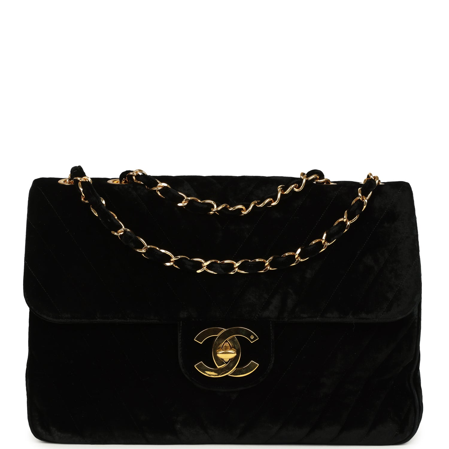 Vintage XL Classic Chevron Single Flap Bag Black Velvet Gold Hardware
