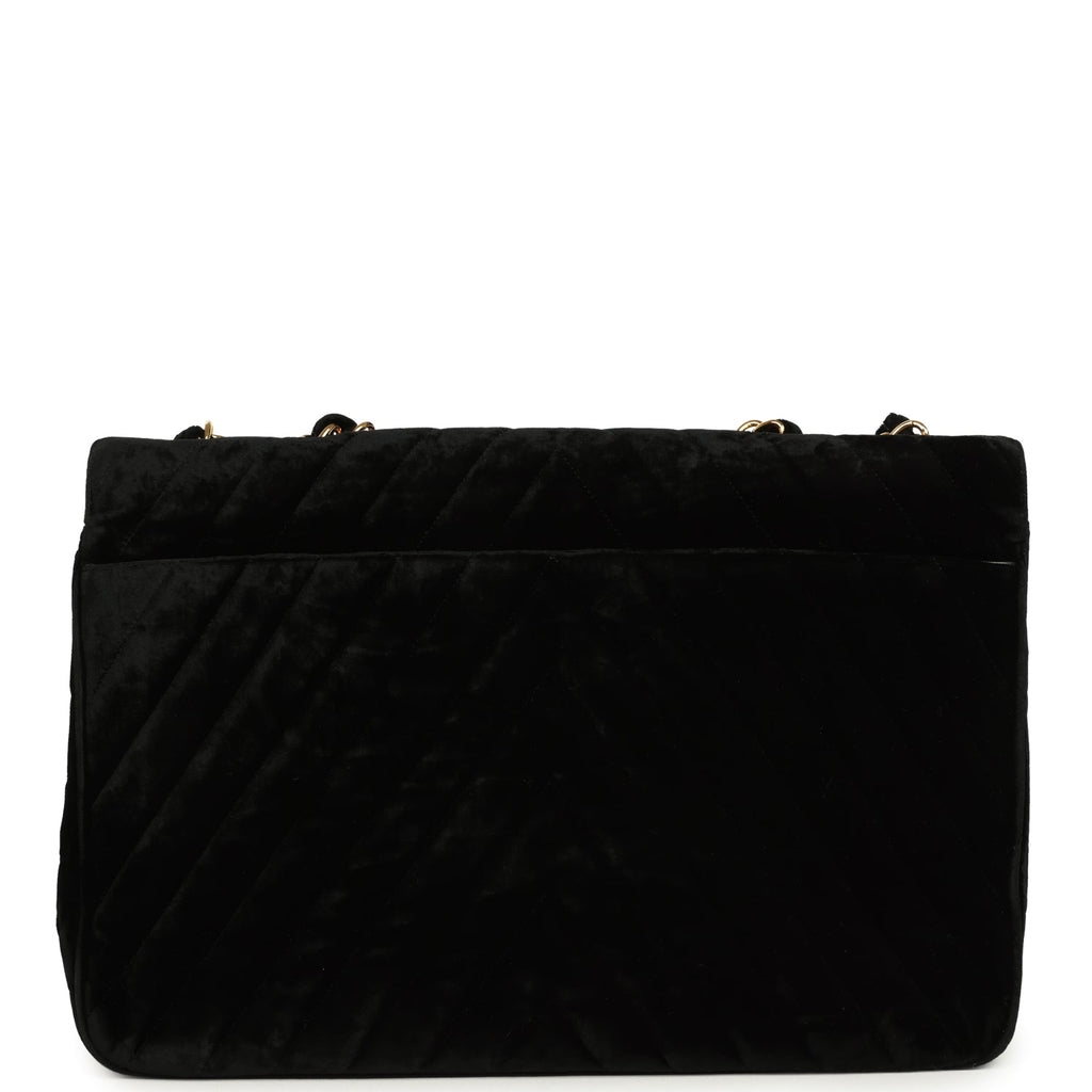 Vintage XL Classic Chevron Single Flap Bag Black Velvet Gold Hardware