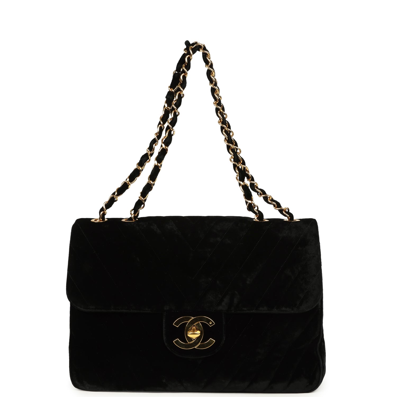 Vintage XL Classic Chevron Single Flap Bag Black Velvet Gold Hardware