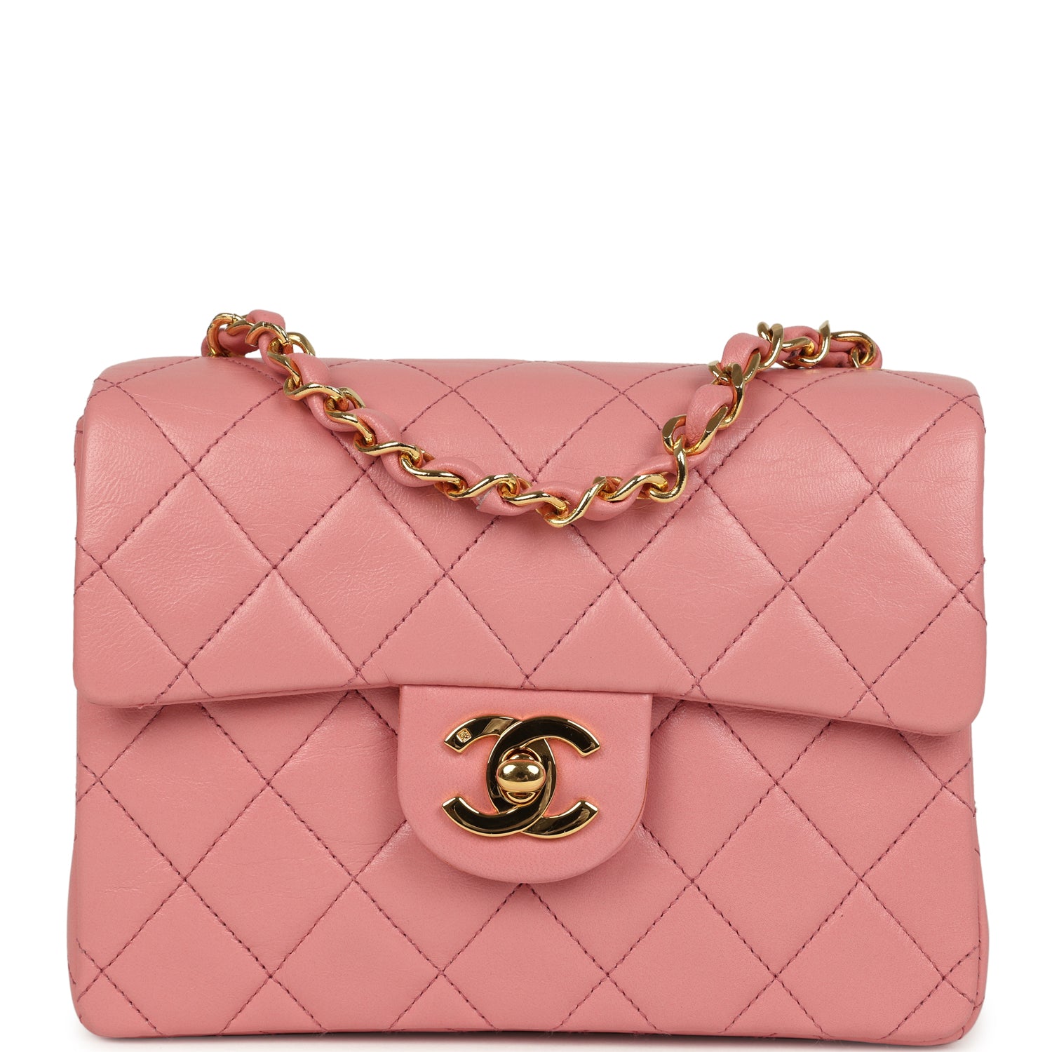 Vintage Mini Square Flap Dark Pink Lambskin Gold Hardware