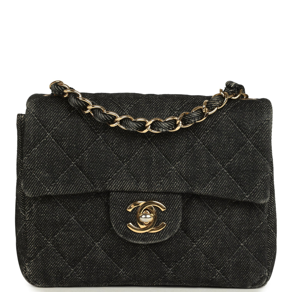 Vintage Mini Square Flap Bag Black Denim Gold Hardware