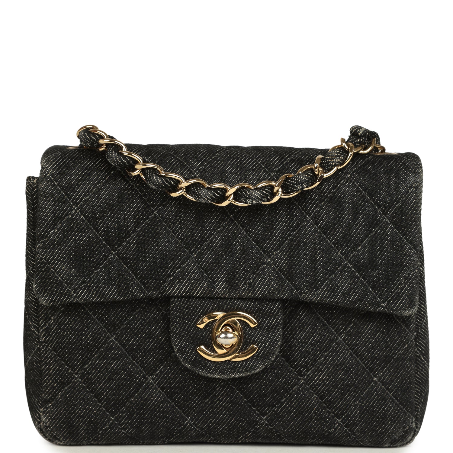 Vintage Mini Square Flap Bag Black Denim Gold Hardware