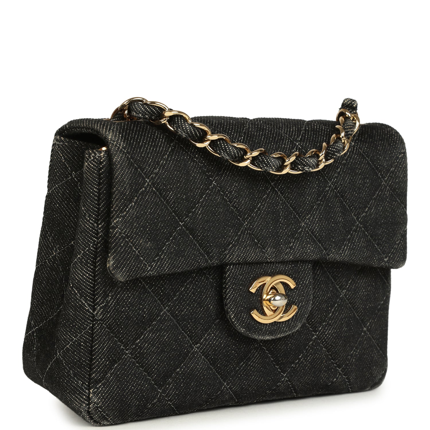 Vintage Mini Square Flap Bag Black Denim Gold Hardware