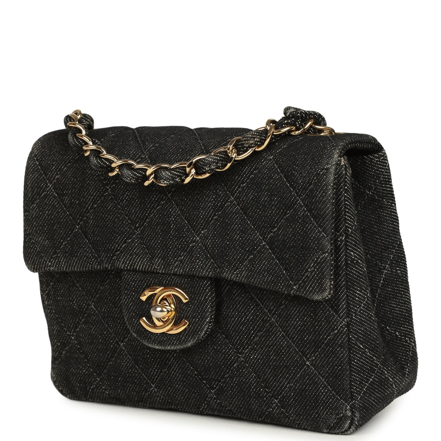 Vintage Mini Square Flap Bag Black Denim Gold Hardware