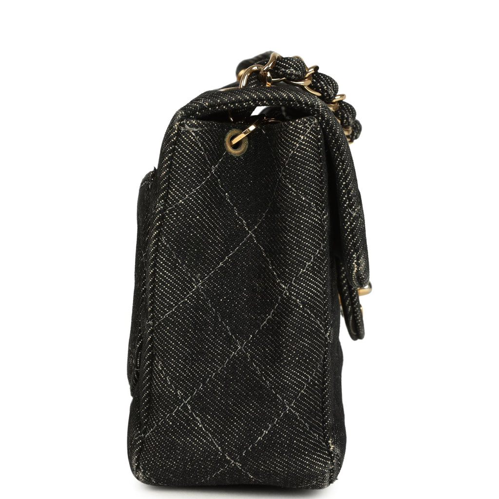 Vintage Mini Square Flap Bag Black Denim Gold Hardware