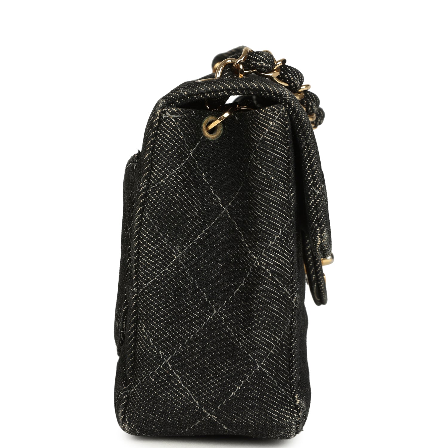 Vintage Mini Square Flap Bag Black Denim Gold Hardware