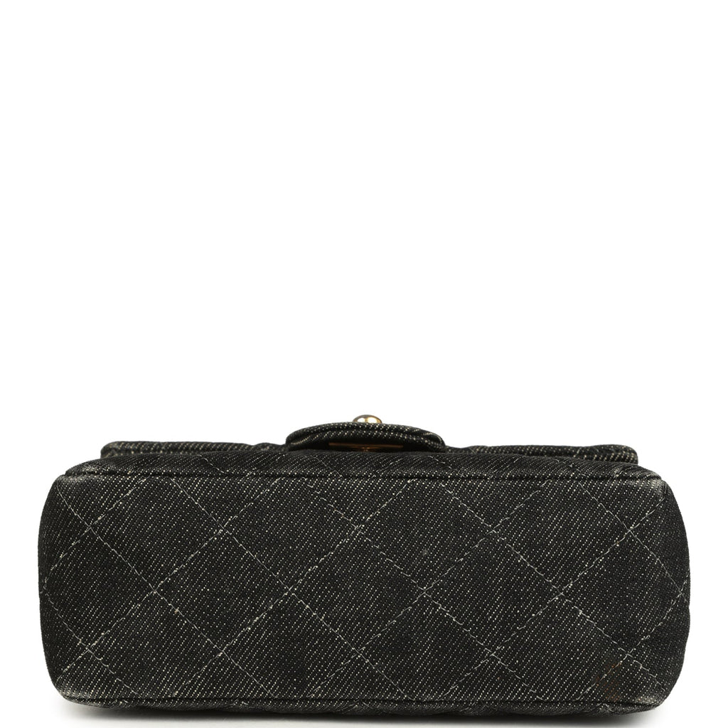 Vintage Mini Square Flap Bag Black Denim Gold Hardware