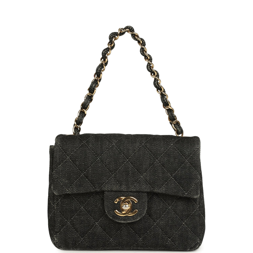 Vintage Mini Square Flap Bag Black Denim Gold Hardware