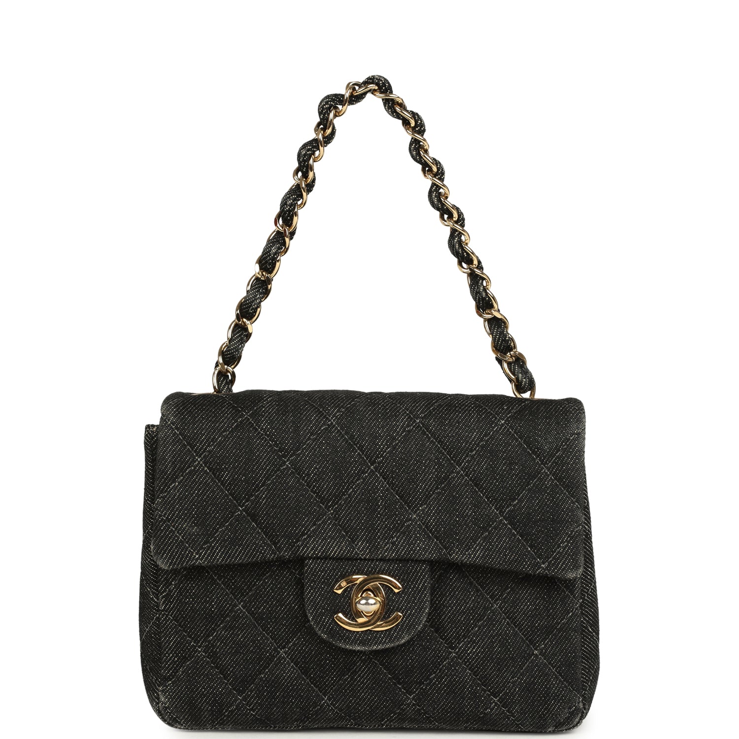 Vintage Mini Square Flap Bag Black Denim Gold Hardware