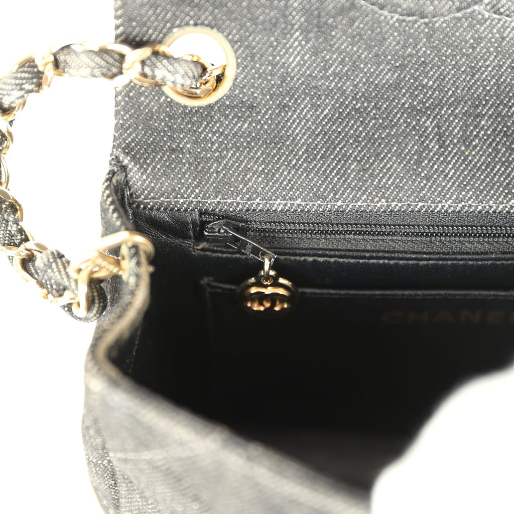 Vintage Mini Square Flap Bag Black Denim Gold Hardware