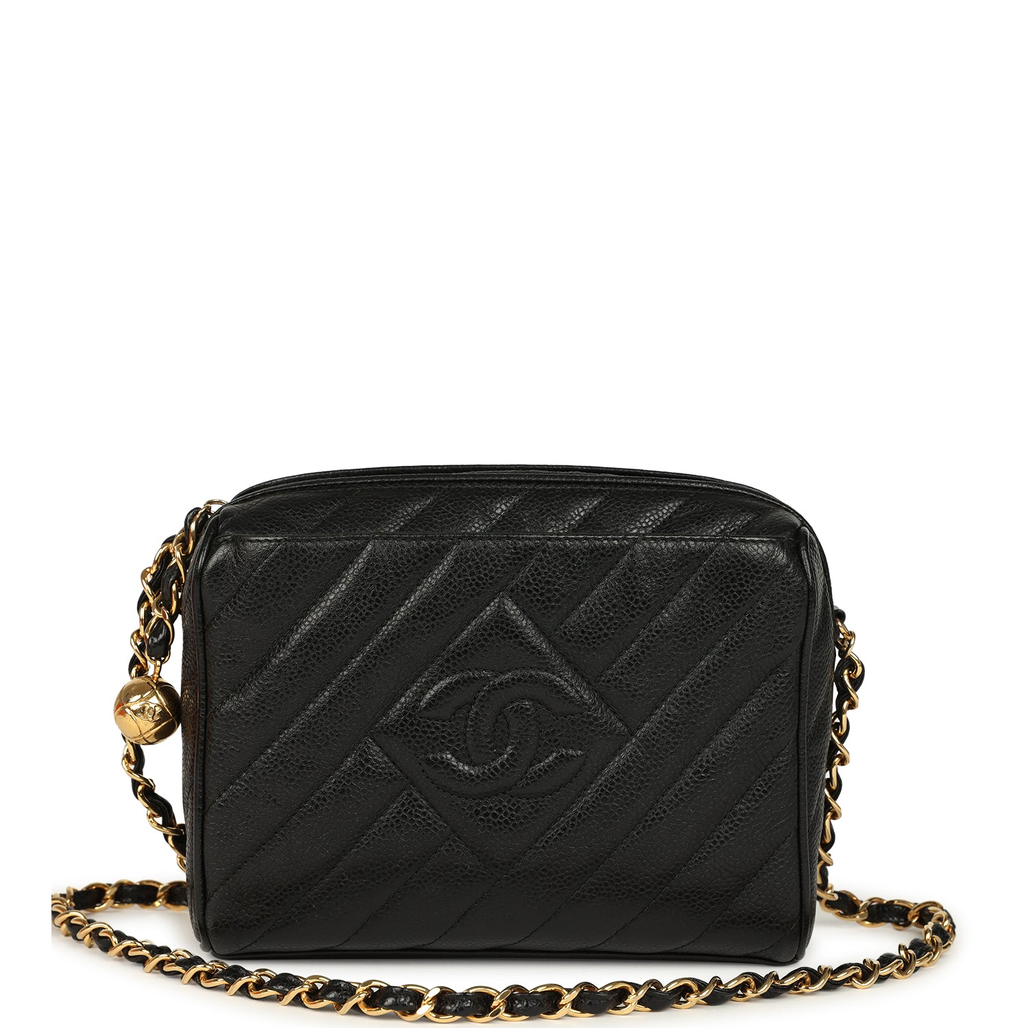 Vintage Mini Diagonal Quilted Camera Bag Black Caviar Gold Hardware