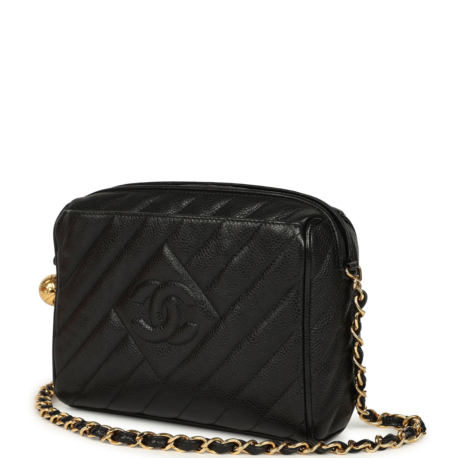 Vintage Mini Diagonal Quilted Camera Bag Black Caviar Gold Hardware