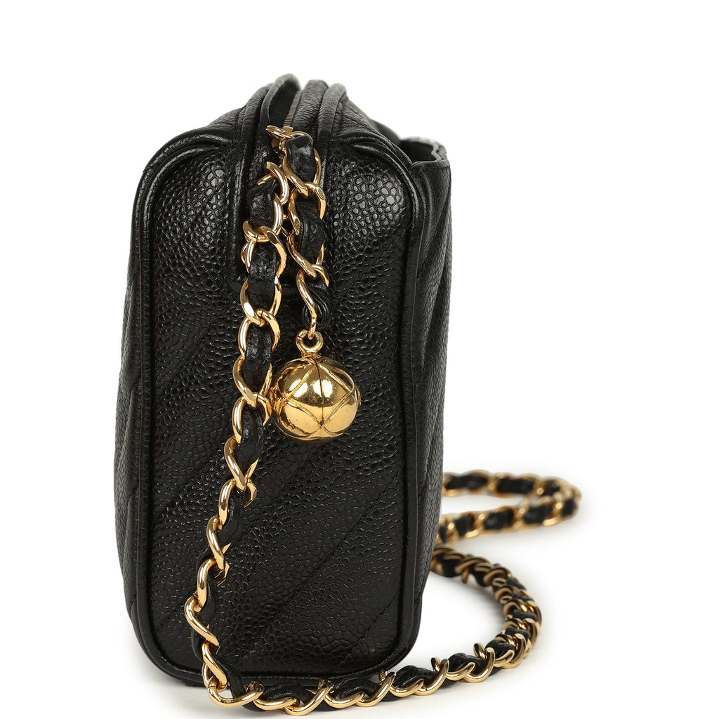 Vintage Mini Diagonal Quilted Camera Bag Black Caviar Gold Hardware