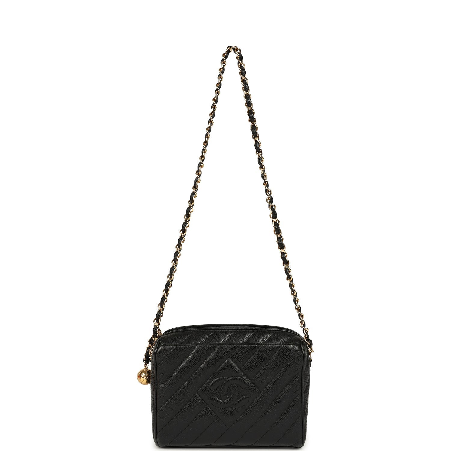 Vintage Mini Diagonal Quilted Camera Bag Black Caviar Gold Hardware