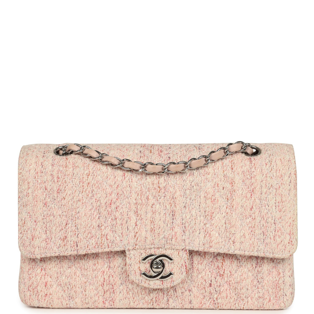 Vintage Medium Classic Double Flap Bag Light Pink and White Tweed Silver Hardware