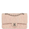 Vintage Medium Classic Double Flap Bag Light Pink and White Tweed Silver Hardware