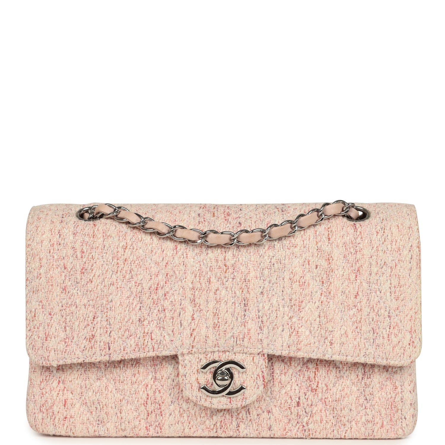 Vintage Medium Classic Double Flap Bag Light Pink and White Tweed Silver Hardware