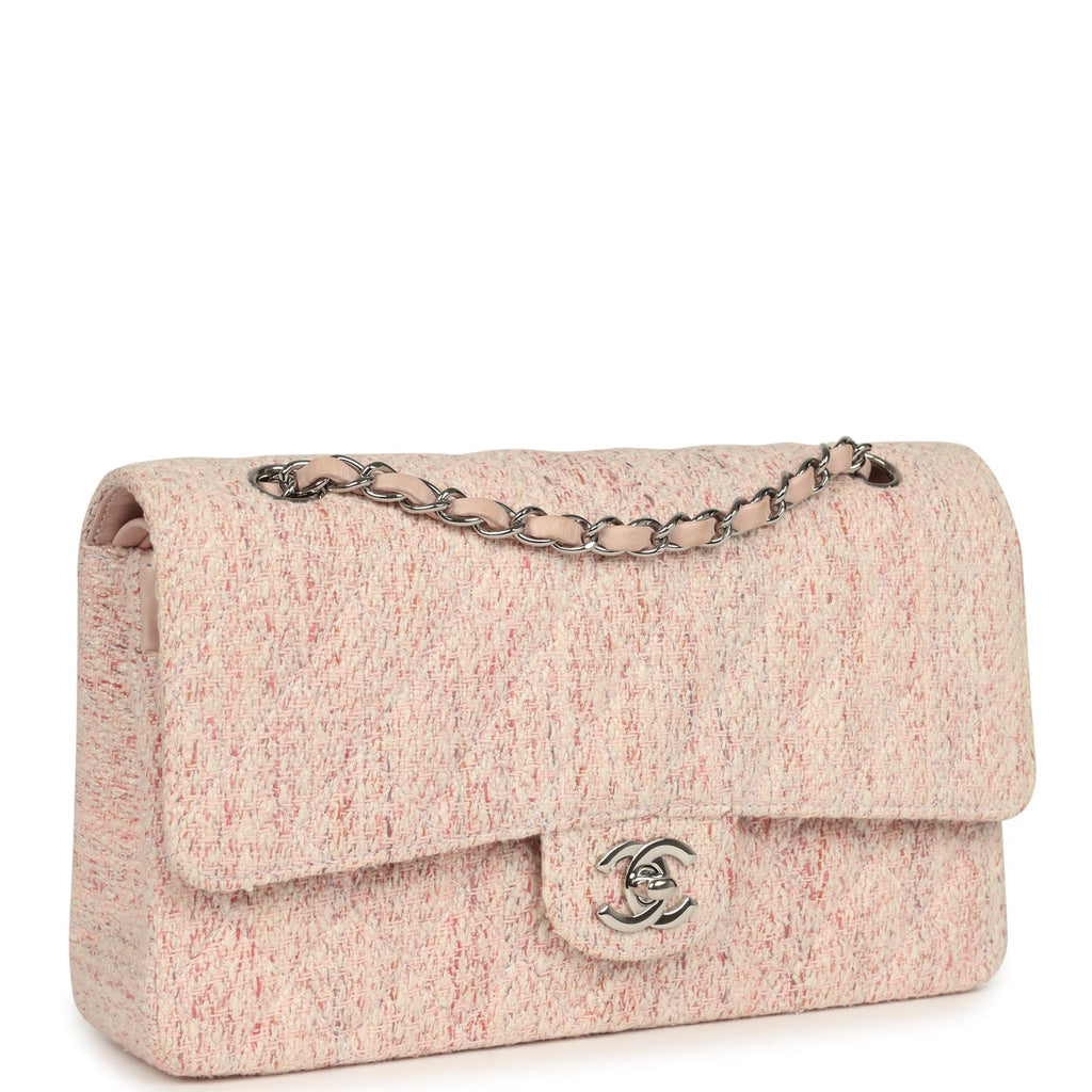 Vintage Medium Classic Double Flap Bag Light Pink and White Tweed Silver Hardware