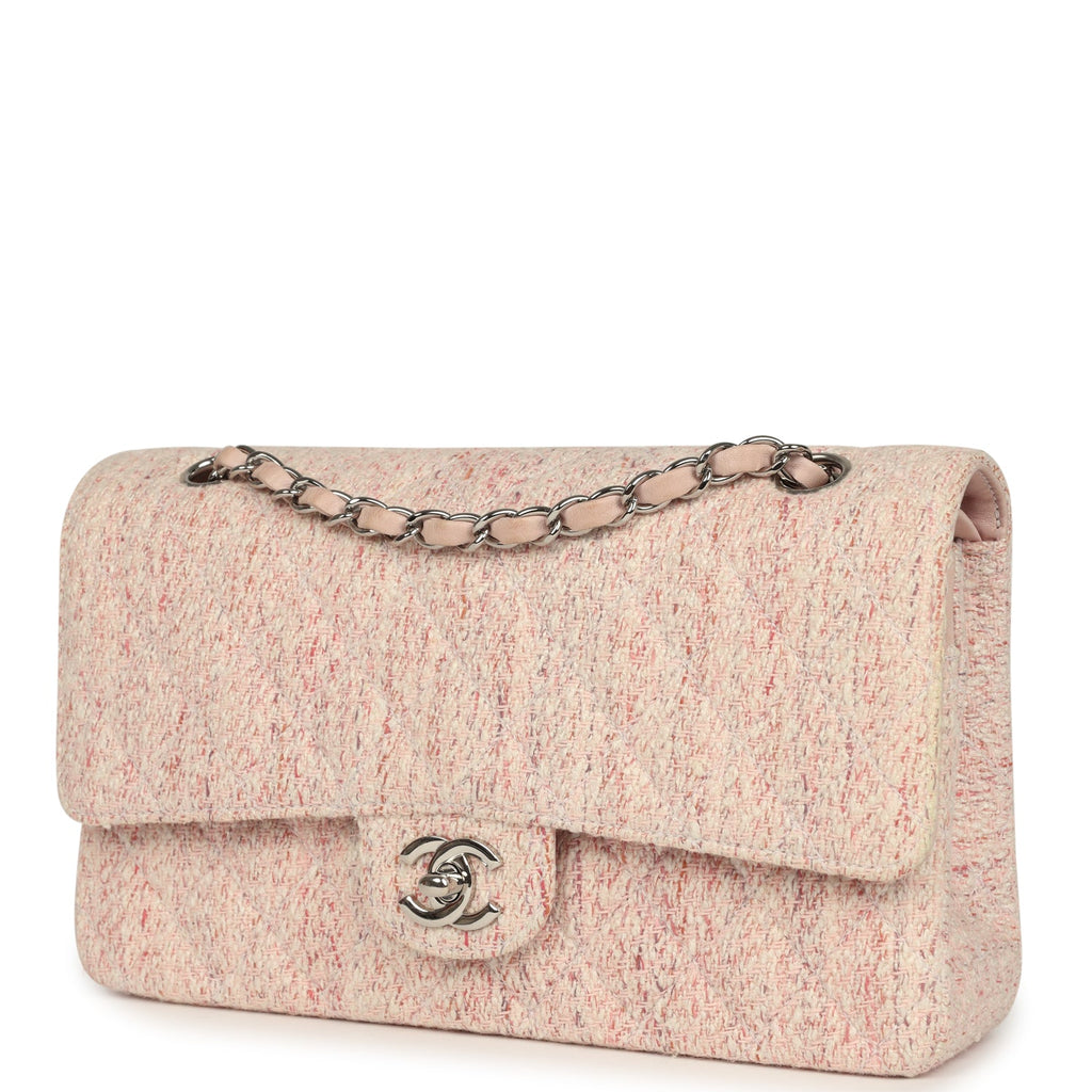 Vintage Medium Classic Double Flap Bag Light Pink and White Tweed Silver Hardware