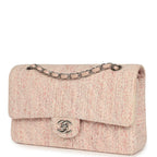 Vintage Medium Classic Double Flap Bag Light Pink and White Tweed Silver Hardware