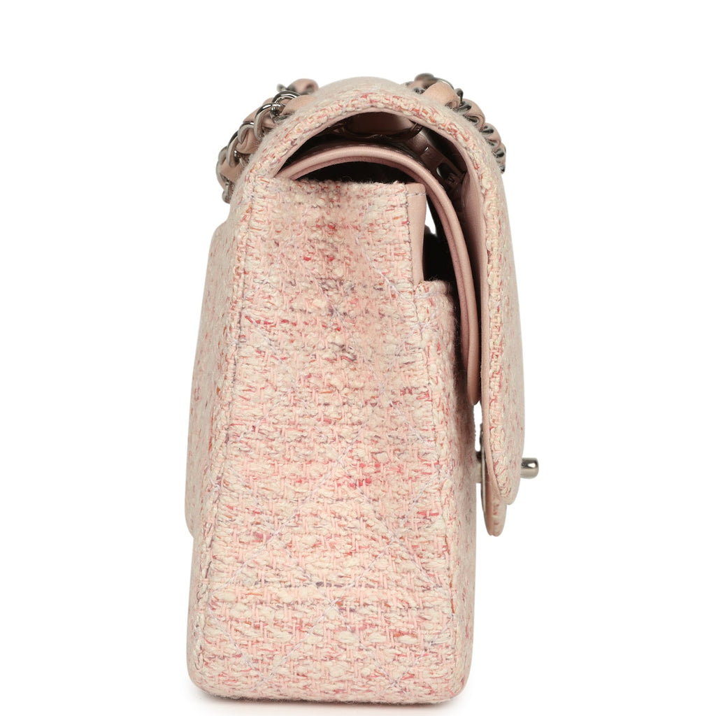 Vintage Medium Classic Double Flap Bag Light Pink and White Tweed Silver Hardware