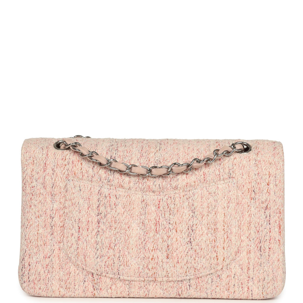 Vintage Medium Classic Double Flap Bag Light Pink and White Tweed Silver Hardware