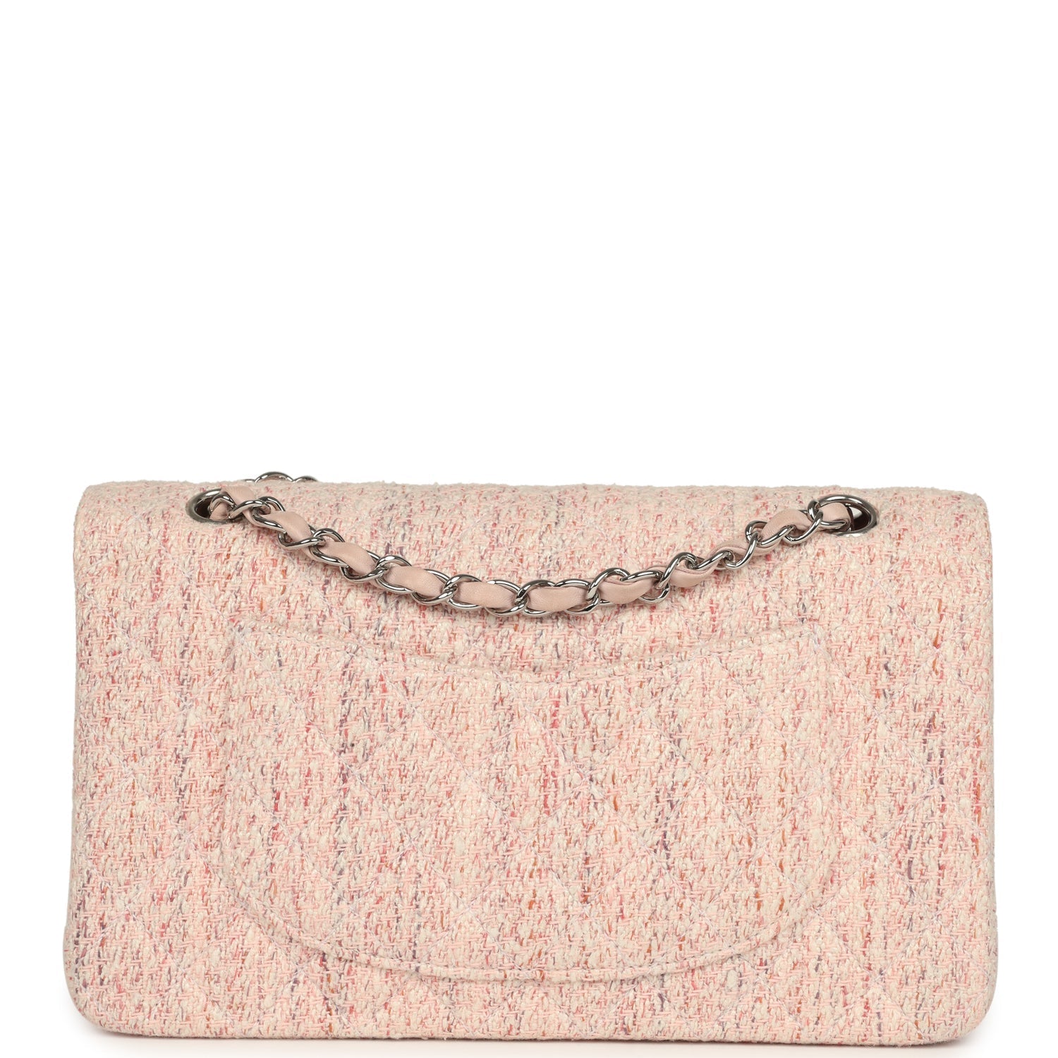 Vintage Medium Classic Double Flap Bag Light Pink and White Tweed Silver Hardware