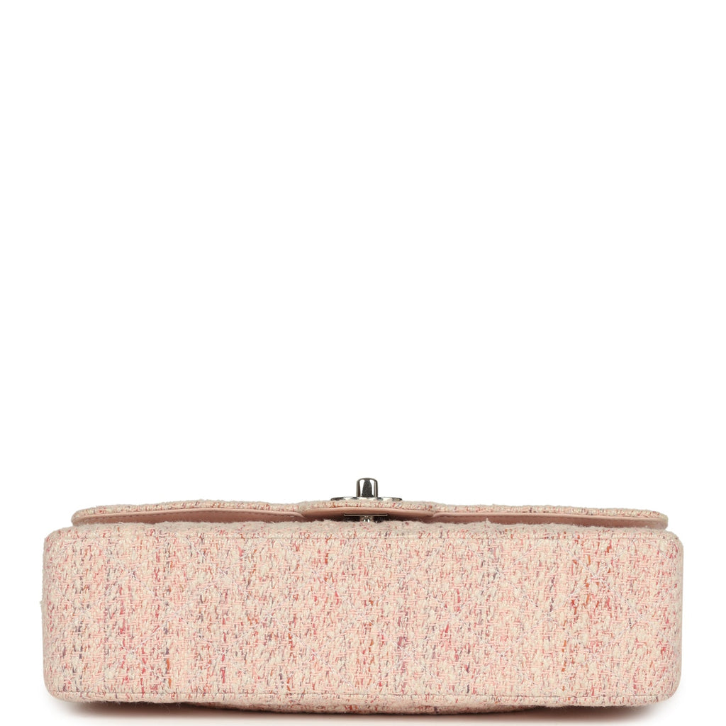 Vintage Medium Classic Double Flap Bag Light Pink and White Tweed Silver Hardware