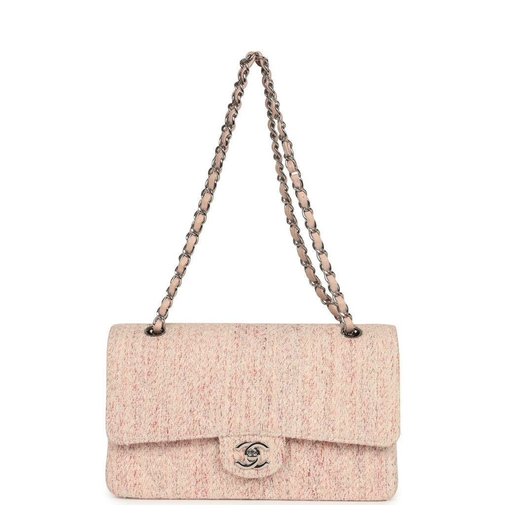 Vintage Medium Classic Double Flap Bag Light Pink and White Tweed Silver Hardware